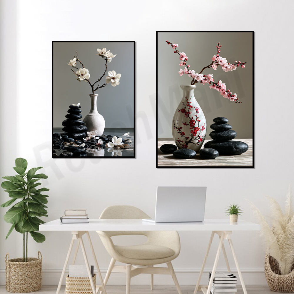 일본식 벚꽃과 목련 꽃병과 검은 돌이 쌓여 있는 그림이 - Japanese Zen Lifestyle 리뷰 및 가격