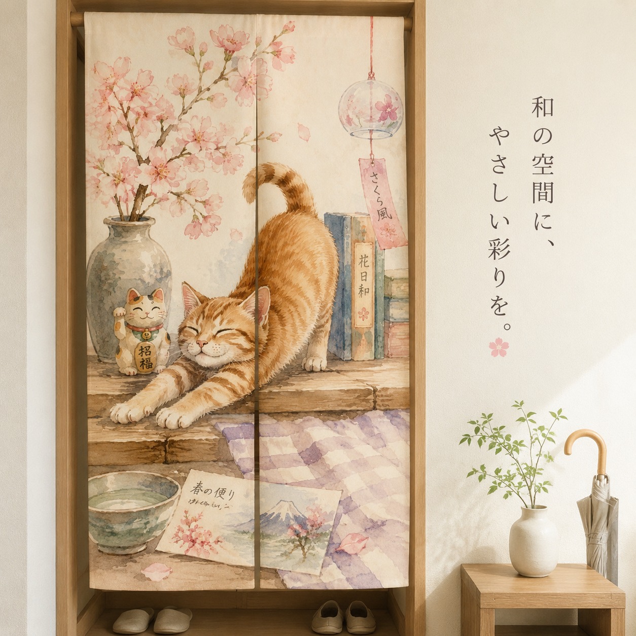 일본 고양이 사쿠라 노렌 커튼 룸 디바이더 폴리에스테르 - Noren Curtain Doorway 리뷰 및 가격