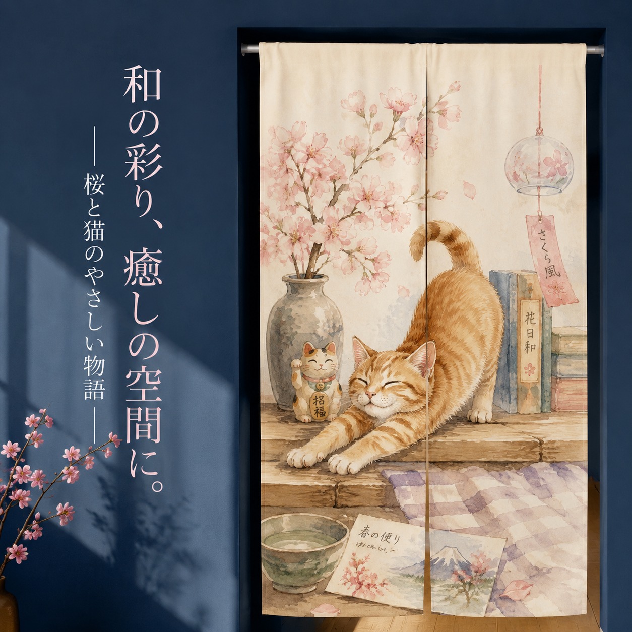 일본 고양이 사쿠라 노렌 커튼 룸 디바이더 폴리에스테르 - Noren Curtain Doorway 리뷰 및 가격